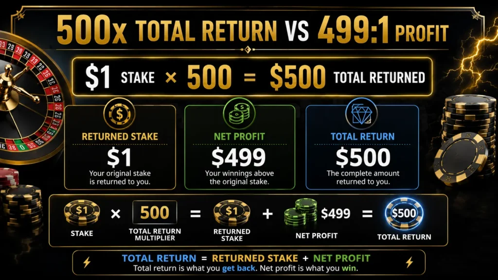 Example showing that a one-dollar winning straight-up bet at 500x returns 500 dollars total, including 499 dollars profit and 1 dollar stake returned.