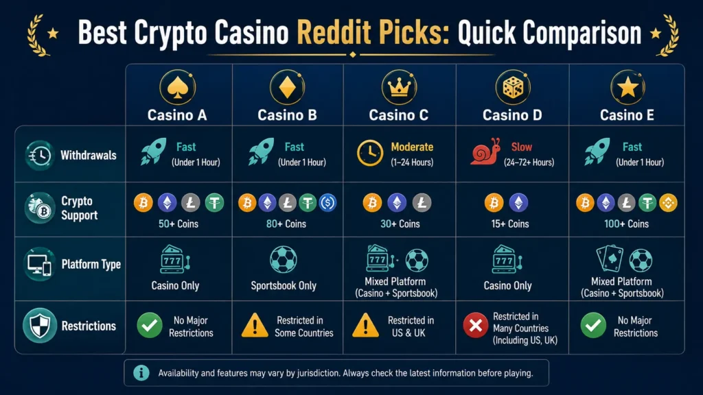 Five generic crypto casino profiles compared by withdrawals, payment support, platform type and restrictions.