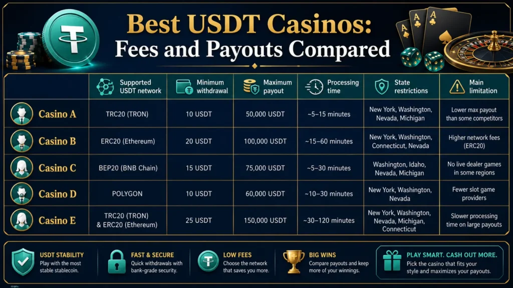 Five generic USDT casinos compared by supported networks, withdrawal minimums, payout limits, processing times and restrictions.