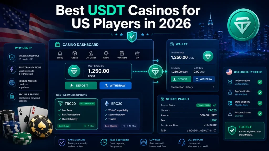 Crypto casino dashboard connected to a USDT wallet with TRC20, ERC20, fee, payout and US eligibility indicators