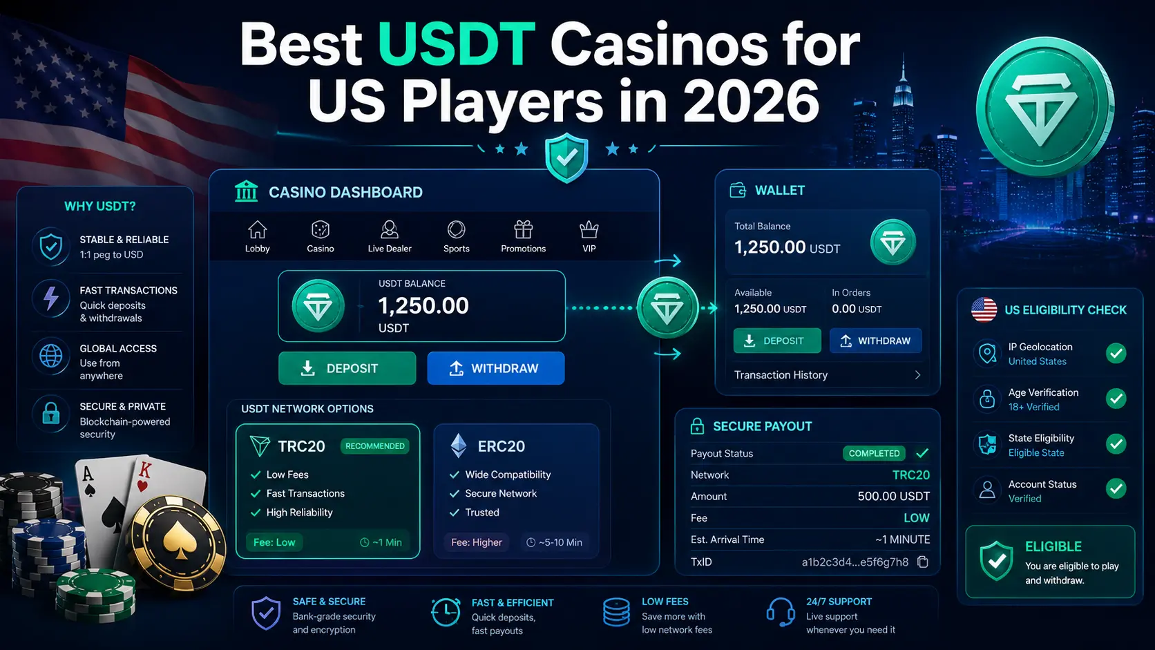 Crypto casino dashboard connected to a USDT wallet with TRC20, ERC20, fee, payout and US eligibility indicators