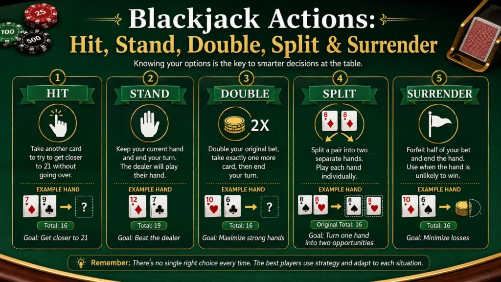 Blackjack actions including hit stand double split and surrender
