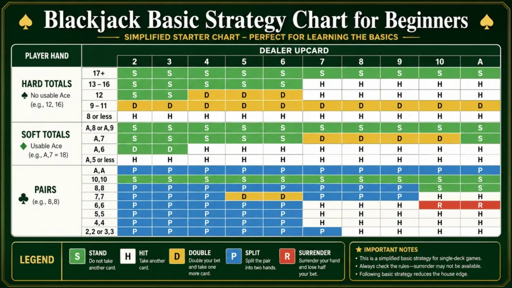 Blackjack basic strategy chart for beginner players