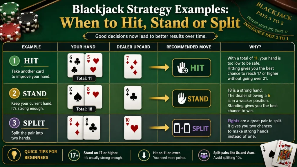 Blackjack strategy examples showing when to hit stand or split