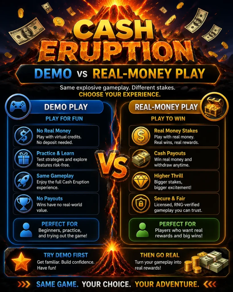 Cash Eruption demo and real-money play compared by controls, feature learning, financial risk and withdrawal conditions.