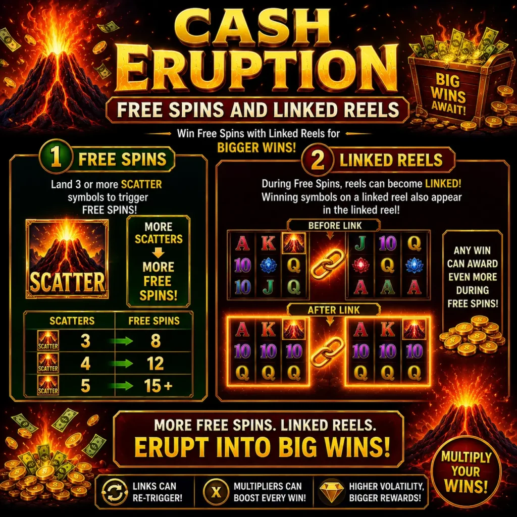 Three Volcano symbols triggering six free spins with linked middle reels and a maximum of 15 spins.