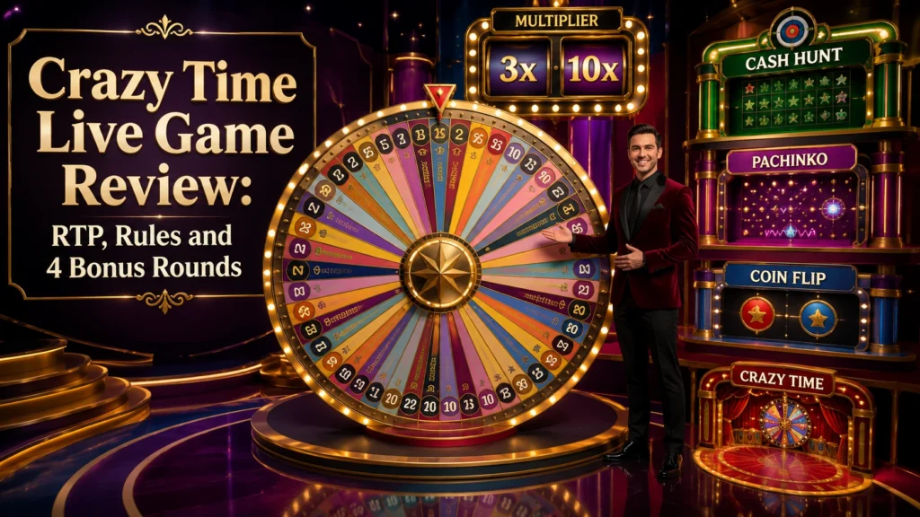 Live game-show studio with a large segmented wheel, presenter, multiplier display and four bonus-game zones representing a Crazy Time-style setup.