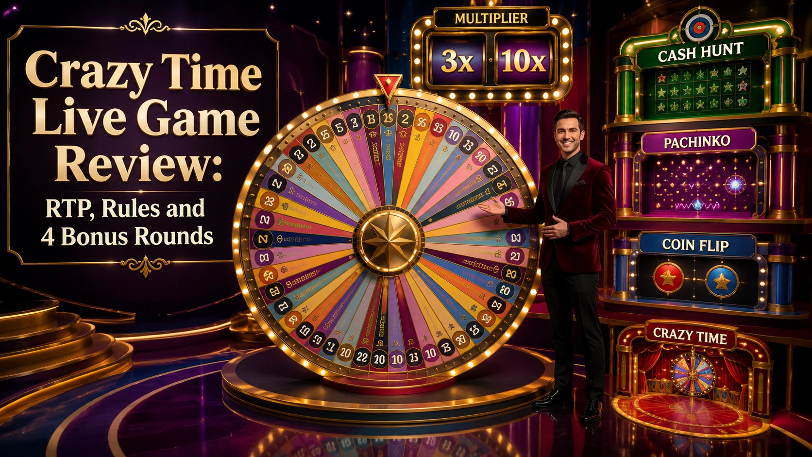Live game-show studio with a large segmented wheel, presenter, multiplier display and four bonus-game zones representing a Crazy Time-style setup.