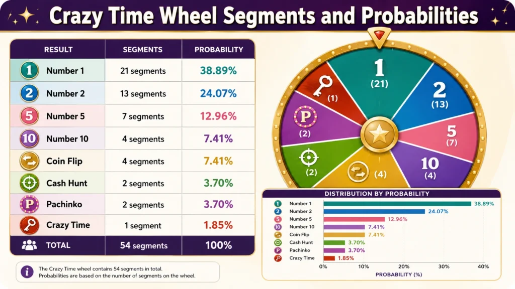 Probability chart showing the number of wheel segments for 1, 2, 5, 10, Coin Flip, Cash Hunt, Pachinko and Crazy Time.