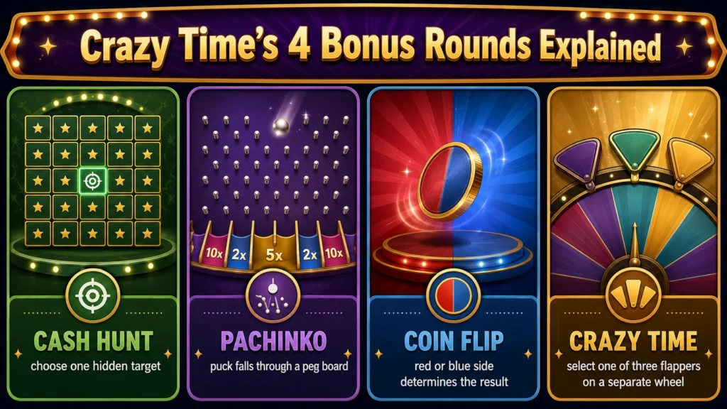 Four-panel infographic comparing Cash Hunt, Pachinko, Coin Flip and Crazy Time bonus rounds in a live wheel game.