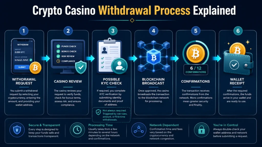 Crypto casino withdrawal moving through operator review, KYC checks, blockchain confirmation and wallet delivery.
