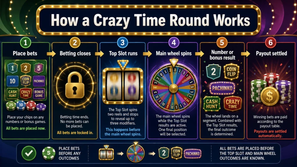 Step-by-step diagram showing the flow of a Crazy Time round from betting to Top Slot, wheel spin, result and final payout.
