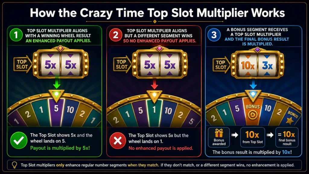 Diagram showing how the Top Slot multiplier applies when it matches the winning segment and how bonus multipliers carry into bonus rounds.