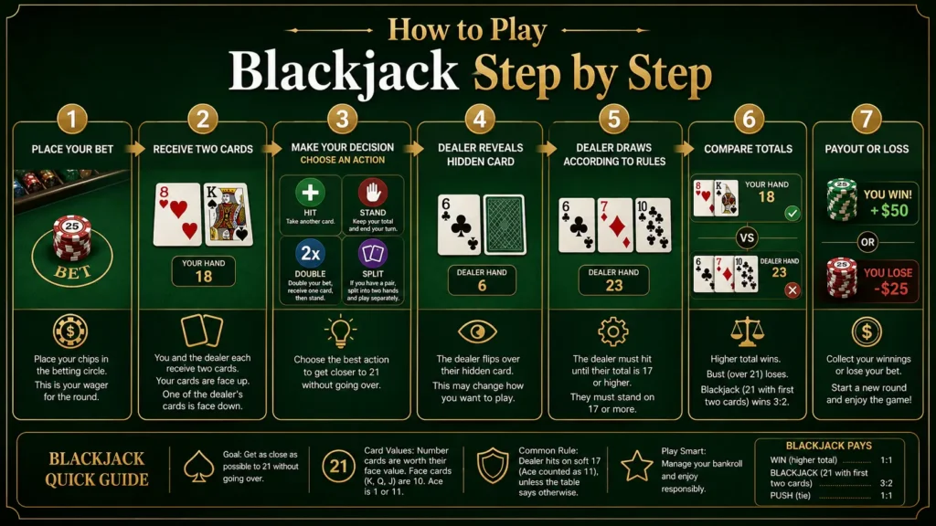 Step-by-step guide explaining how to play blackjack