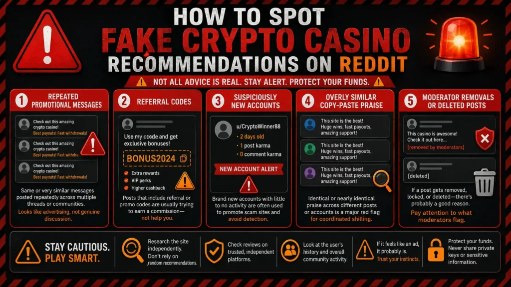 Suspicious casino comments showing referral codes, repeated promotions, new accounts and moderator removals.