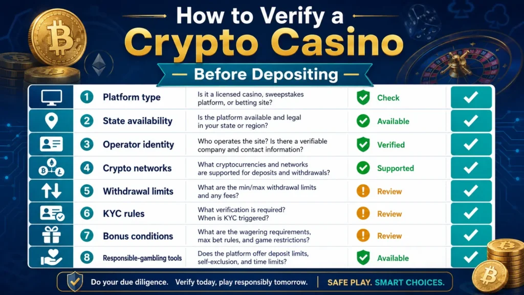 Crypto casino verification checklist covering licensing, eligibility, KYC, withdrawals, bonuses and responsible-gambling tools.