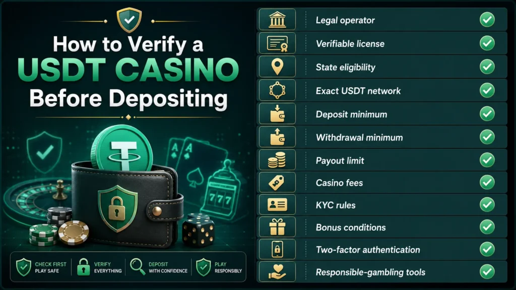 USDT casino checklist covering operator identity, licensing, state access, network support, fees, KYC and payout limits.