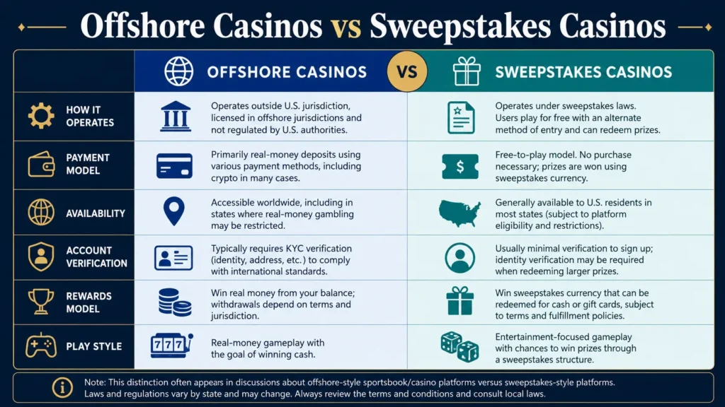 Comparison of offshore crypto casinos, sweepstakes casinos and state-regulated online casinos.