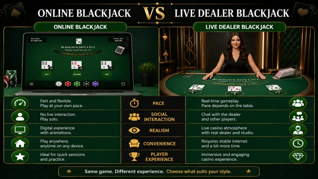 Comparison between online RNG blackjack and live dealer blackjack