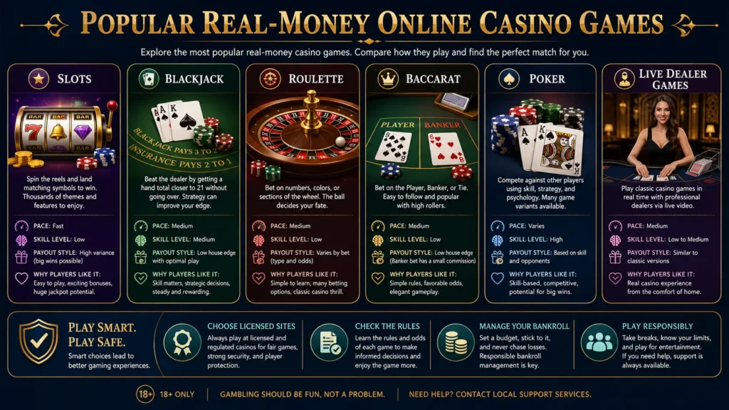 Popular real-money casino games including slots blackjack and roulette