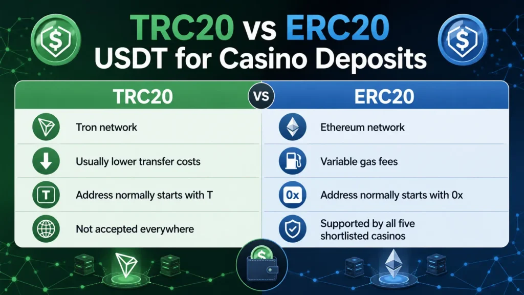 TRC20 and ERC20 USDT casino deposits compared by blockchain, address format, transaction costs and casino support.
