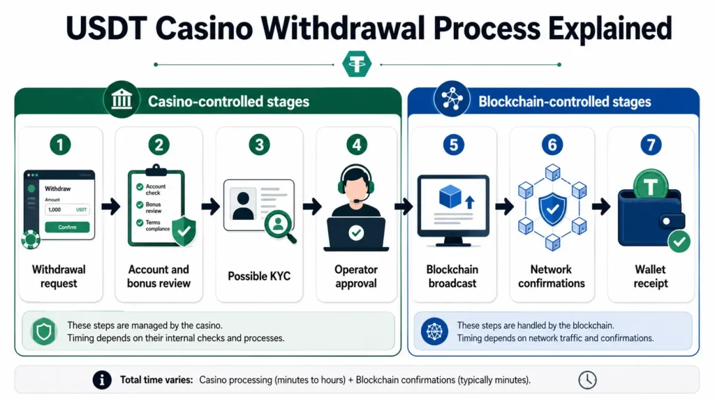 USDT withdrawal moving through account review, possible KYC, operator approval, blockchain confirmation and wallet receipt.