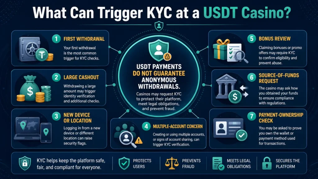 Common USDT casino KYC triggers including a first withdrawal, large cashout, location change and payment review.