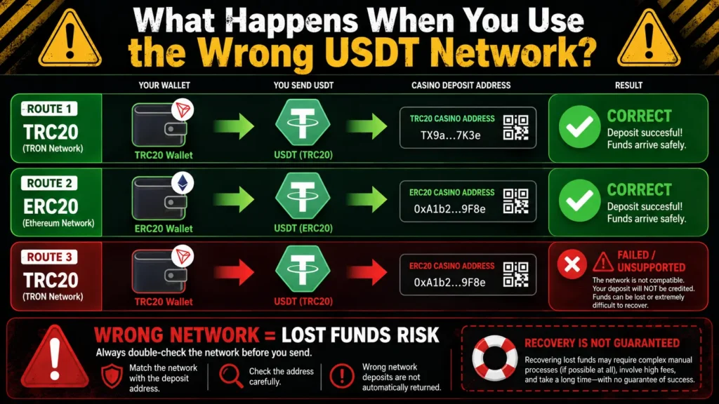 Correct TRC20 and ERC20 casino transfers shown beside a failed transfer caused by mismatched USDT networks.
