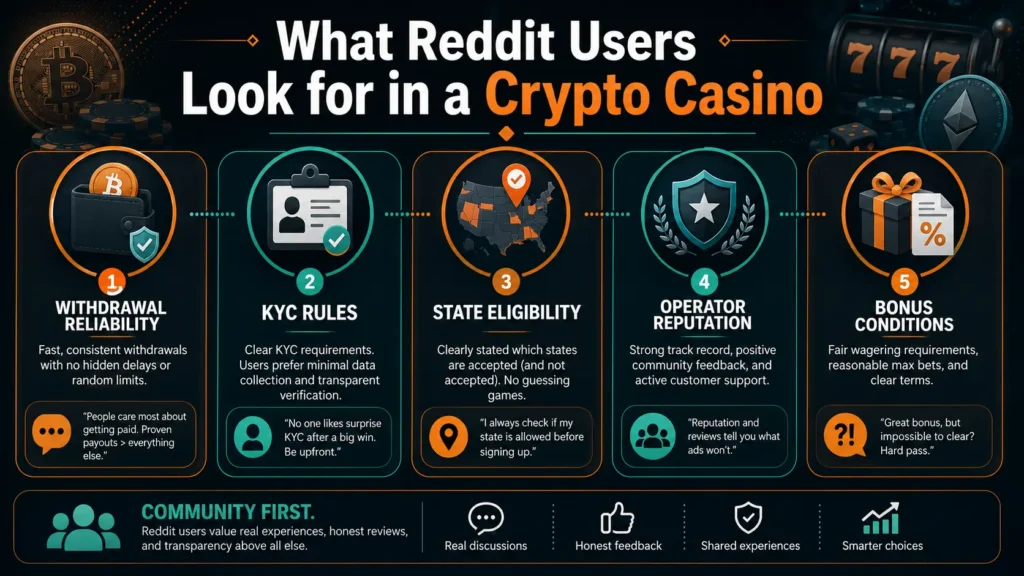 Five crypto casino evaluation factors covering withdrawals, KYC, state access, reputation and bonus conditions.