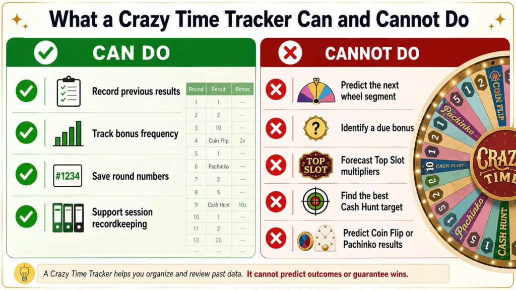 Comparison graphic showing useful tracking functions versus false prediction claims in a Crazy Time tracker.