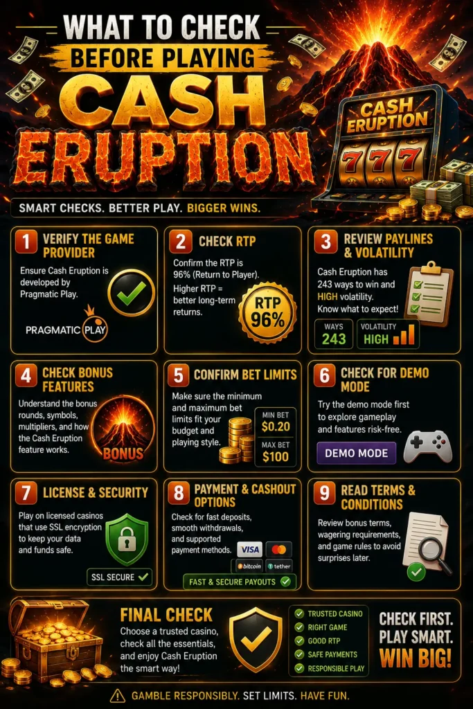 Checklist covering Cash Eruption version, RTP, paylines, free spins, Fireball respins, jackpots, eligibility and playing limits.