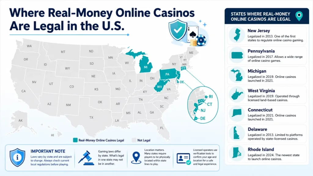 Map of U.S. states with legal real-money online casinos