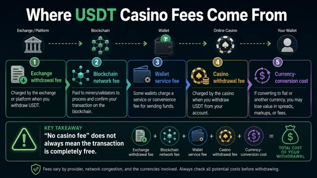 USDT casino payment costs broken into exchange, blockchain, wallet, casino withdrawal and currency-conversion fees.